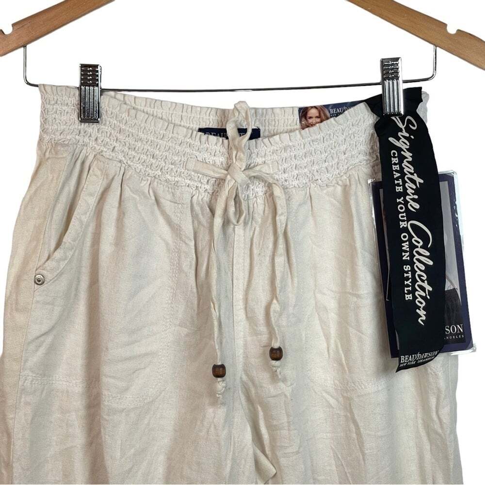 Beau Dawson White Linen Elastic Waistband Trousers Loungewear Beachy Pants Sz. M - Picture 3 of 16